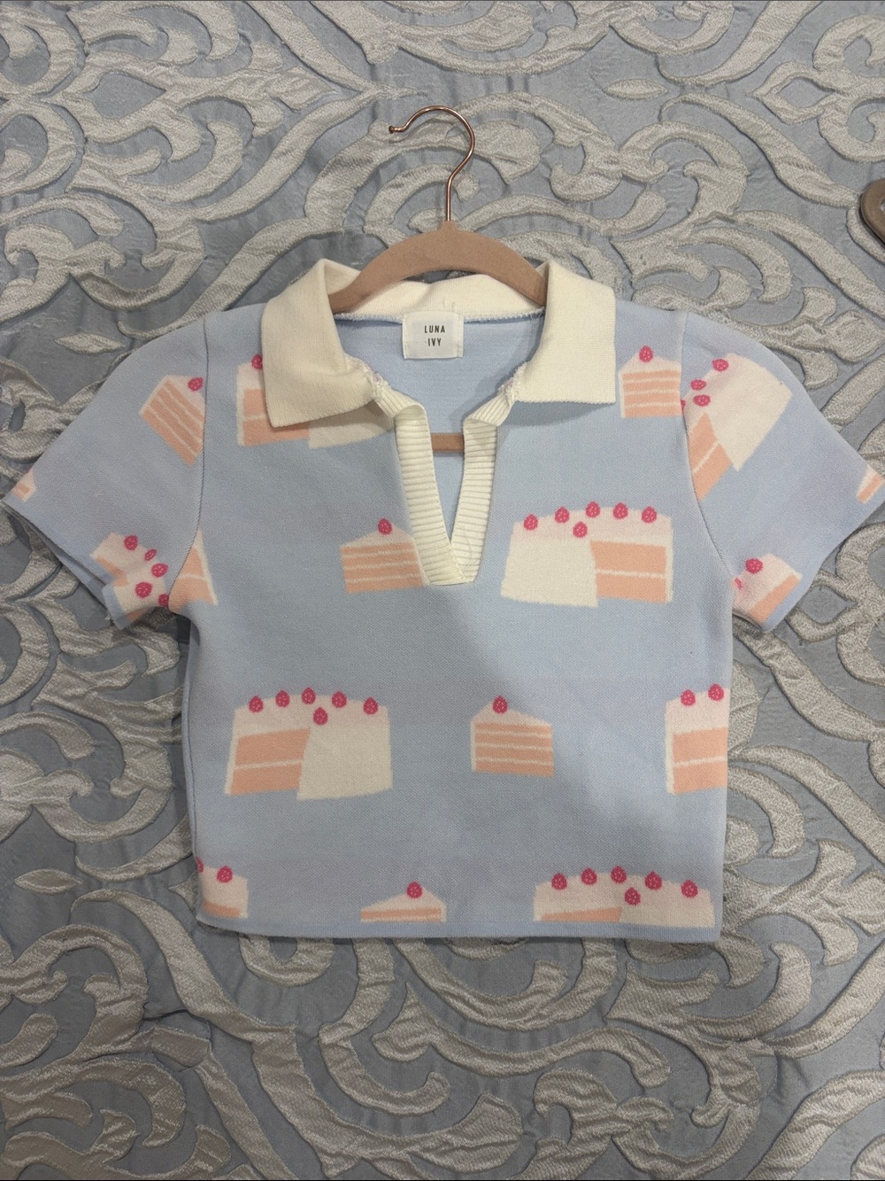 Luna Ivy' Light Blue Cake Print Polo Top